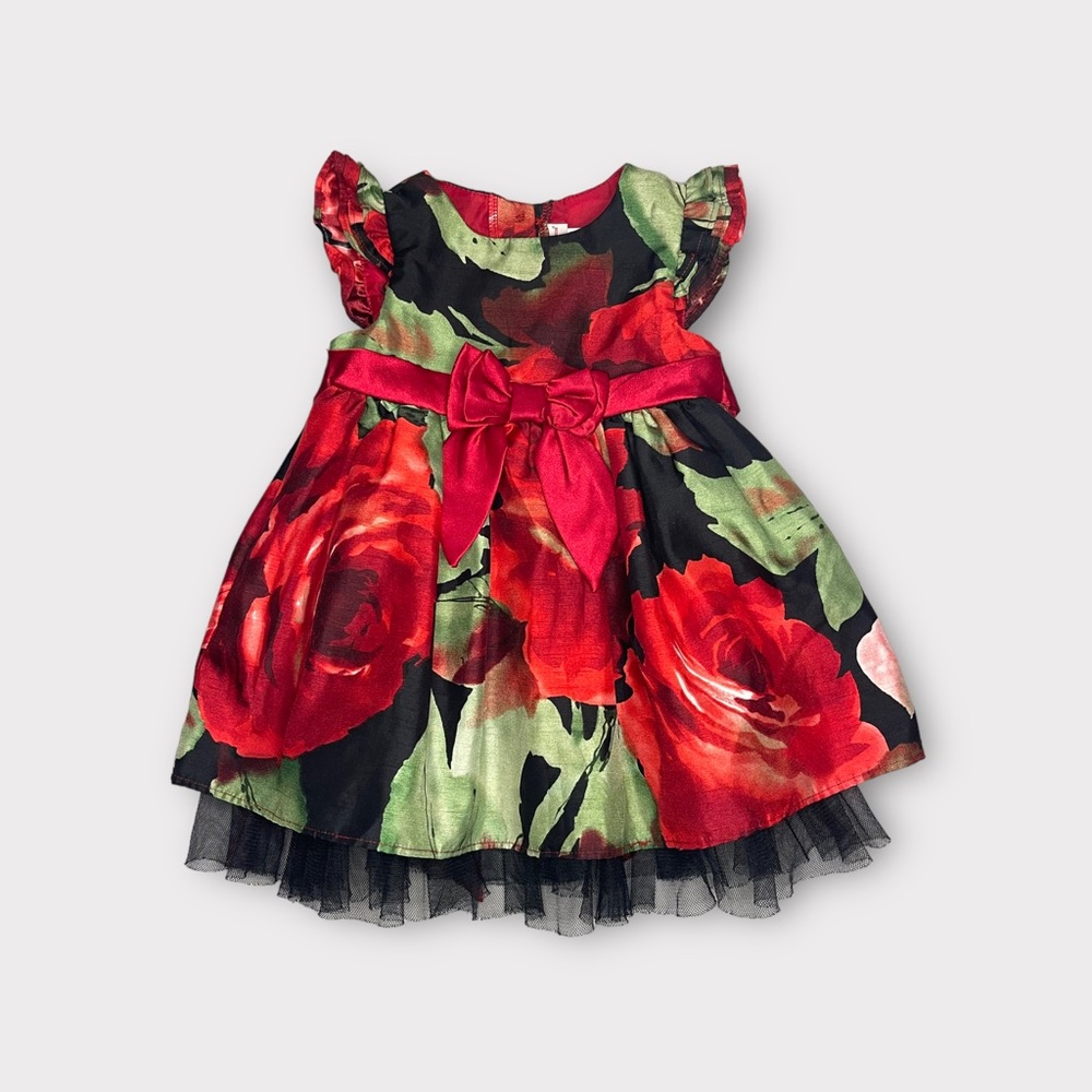 Sweet Heart Rose Blooming Red Roses Bow Tulle Lined Dress